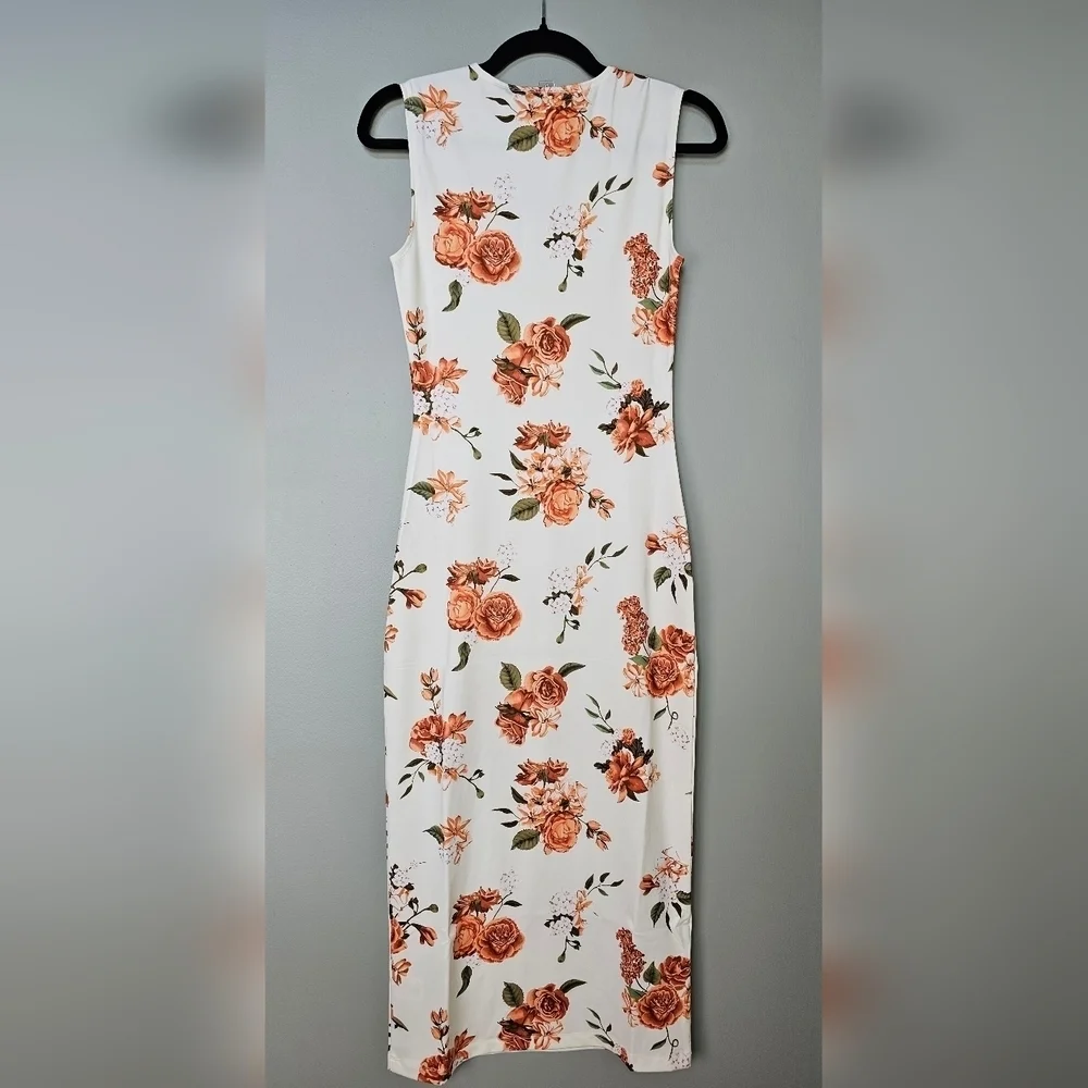 WeWoreWhat MUSCLE TANK MIDI DRESS NEUTRAL FLORAL IVORY MULTI, Size Small